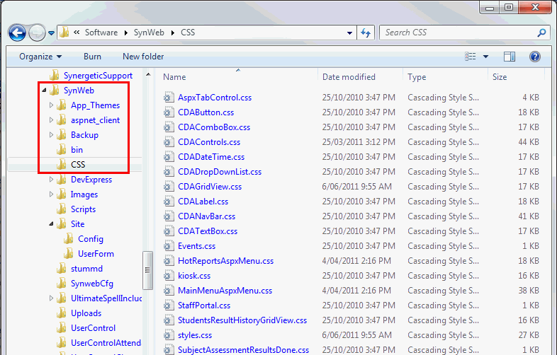 Windows Explorer - navigate to the Synweb CSS directory