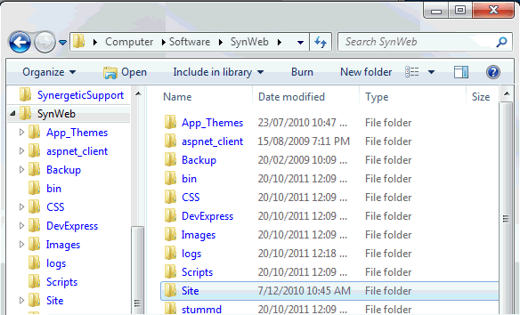 Windows Explorer - navigate to the Synweb Site directory