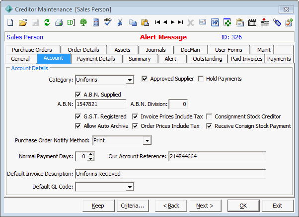 Creditor Maintenance - Account tab