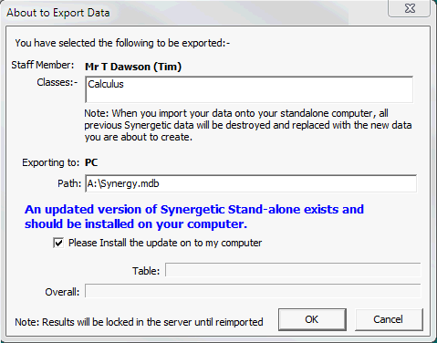 About to Export Data window