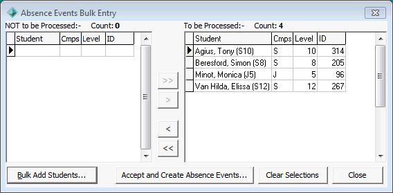Absence Events Bulk Entry window