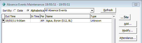 Absence Events Maintenance window (buttons, excluding delete)