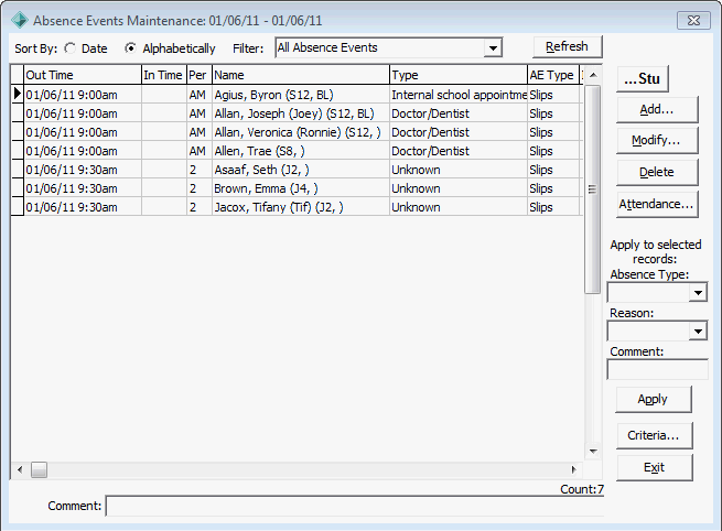 Absence Events Maintenance window (recording expected ins)