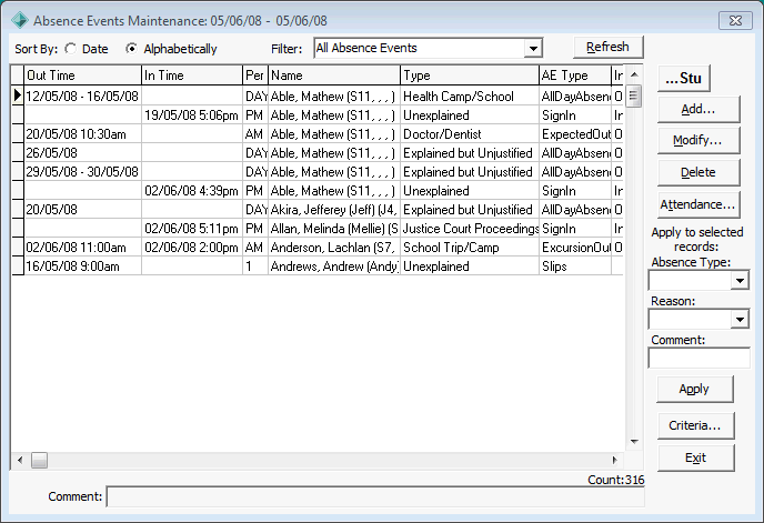 Absence Events Maintenance window