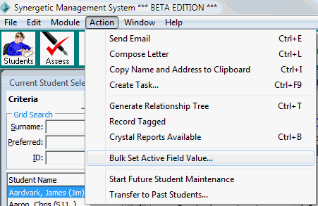 Action drop-down menu