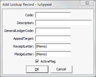 Add Lookup Record - luAppeal window