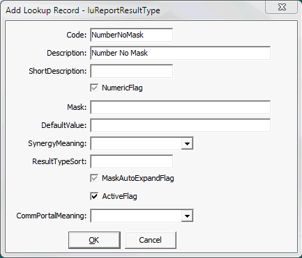 Add Lookup Record - luReportResultType (populated) window
