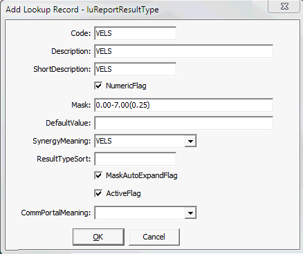 Add Lookup Record - luReportResultType (VELS) window