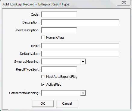 Add Lookup Record - luReportResultType window