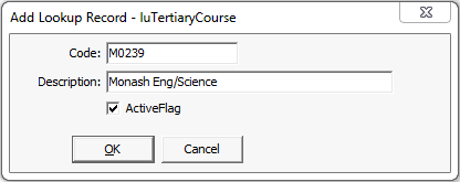 Add Lookup Record - luTertiaryCourse window