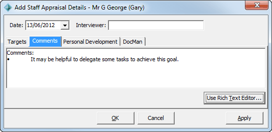 Add Staff Appraisal Details (rich text example, Comments tab)