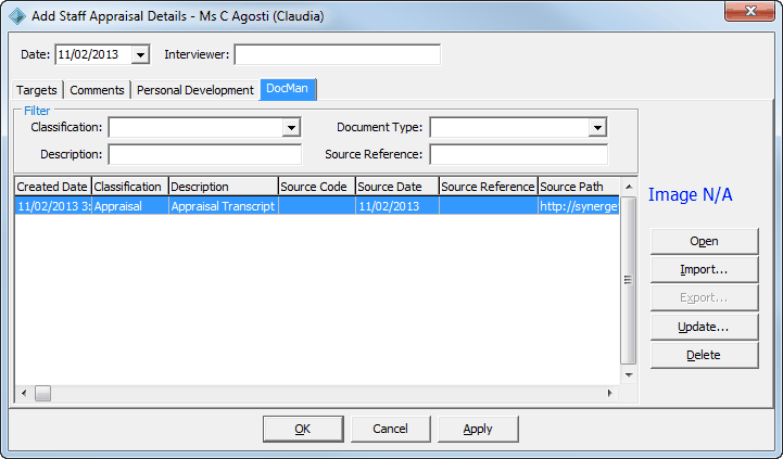 Add Staff Appraisal Details - DocMan tab