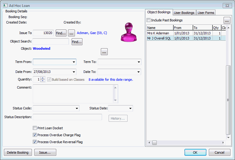 Ad Hoc Loan - Object Bookings tab (populated)