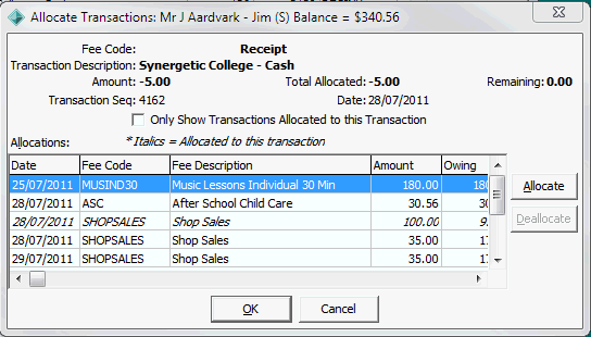 Allocate Transactions window