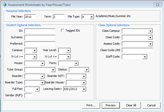 Assessment worksheets by year