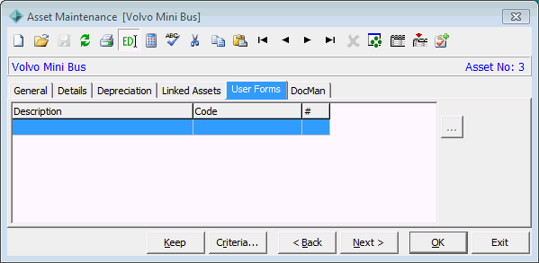 Asset Maintenance - User Forms tab