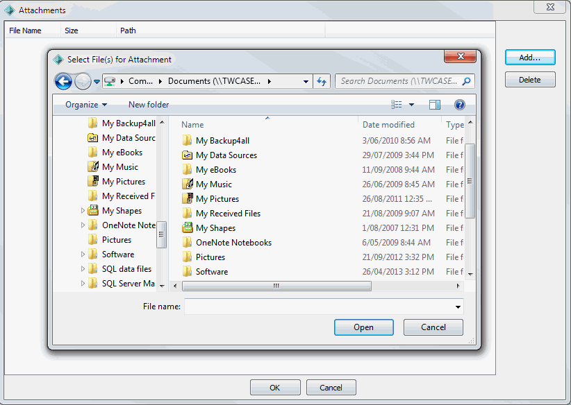 Attachments window (select files for attachment)