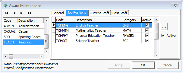 Award Maintenance - Job Positions tab