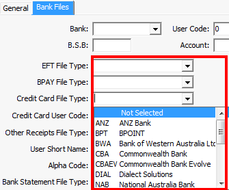 Banking Configuration Maintenance - Bank Files tab (cut down, File types highlighted)