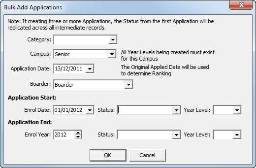 Bulk Add Applications window