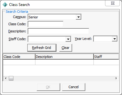 Class Search window (Adding student classes in bulk)