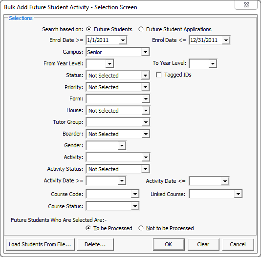 Bulk Add Future Student Activity - Selection window