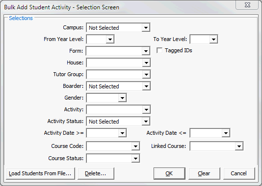 Bulk Add Student Activity - Selection Screen