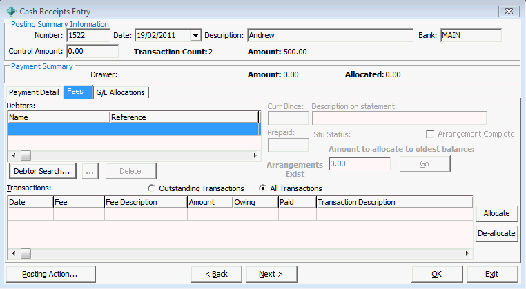 Cash Receipts Entry - Fees tab
