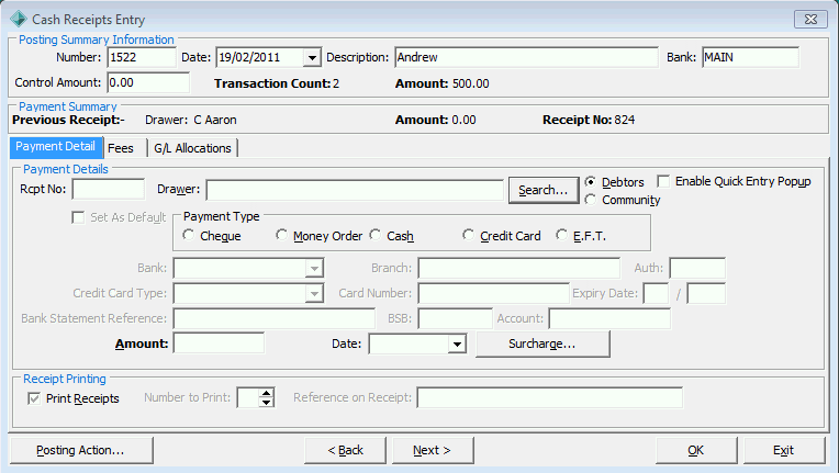 Cash Receipts Entry - Payment Detail tab
