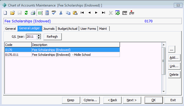 Chart of Accounts Maintenance - General Ledger tab