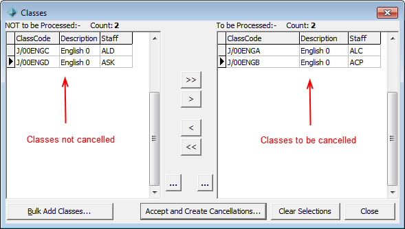 Classes window (Bulk Cancel Classes, sorted left and right)