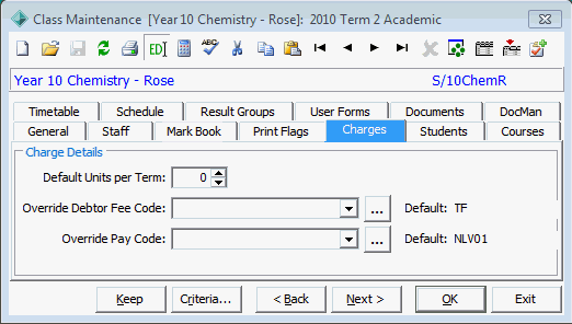Class Maintenance - Charges tab