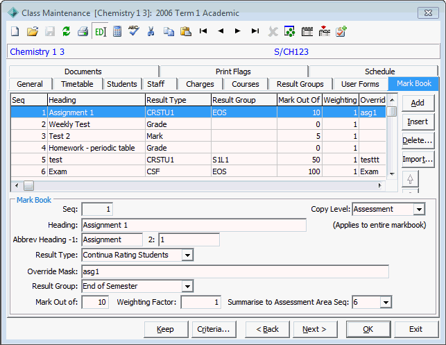 Class Maintenance - Markbook tab