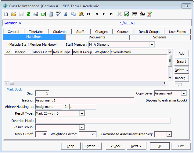 Class Maintenance - Markbook tab (cut down)