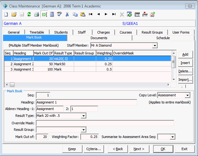 Class Maintenance - Markbook tab