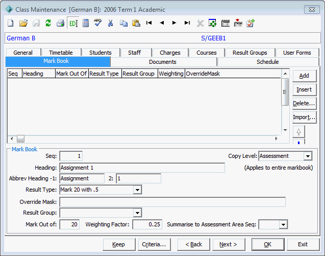 Class Maintenance - Markbook tab (cut down)