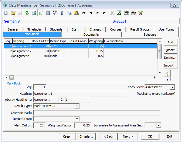 Class Maintenance - Markbook tab