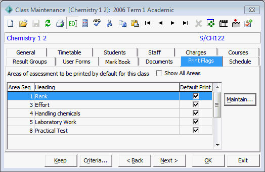 Class Maintenance - Print Flags tab