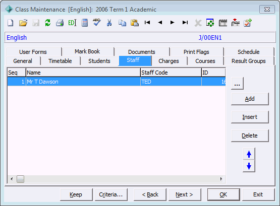 Class Maintenance - Staff tab