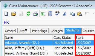 Class Maintenance - Students tab (cut down, start date highlighted)