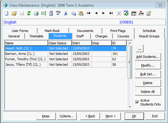 Class Maintenance - Students tab