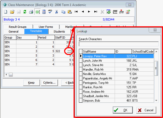 Class Maintenance - Timetable tab (modifying Staff ID)