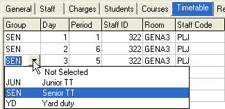 Class Maintenance - Timetable tab (grid area)