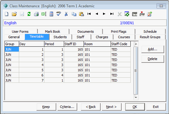Class Maintenance - Timetable tab (add timetable periods manually)