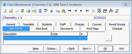 Class Maintenance - User Forms tab