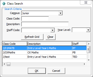 Class Search window