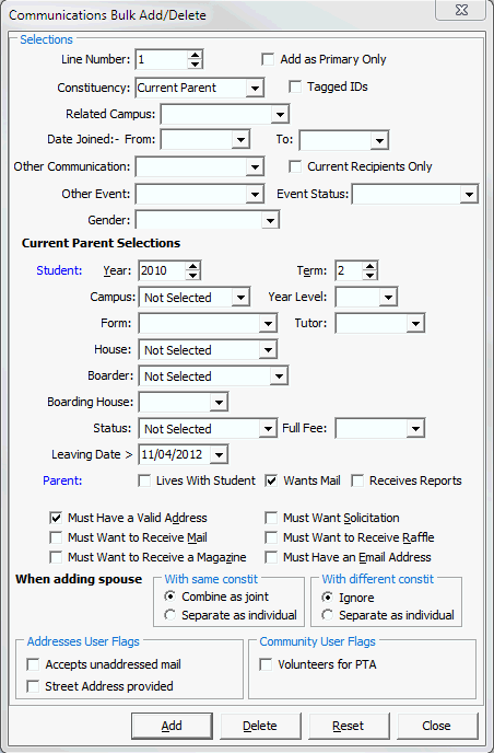 Communications Bulk Add/Delete window (current parent selections)