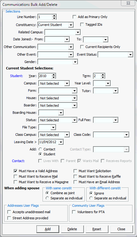 Communications Bulk Add/Delete window