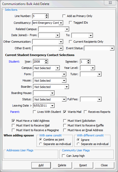 Communications Bulk Add Delete (Current Student Emergency Contact selections)