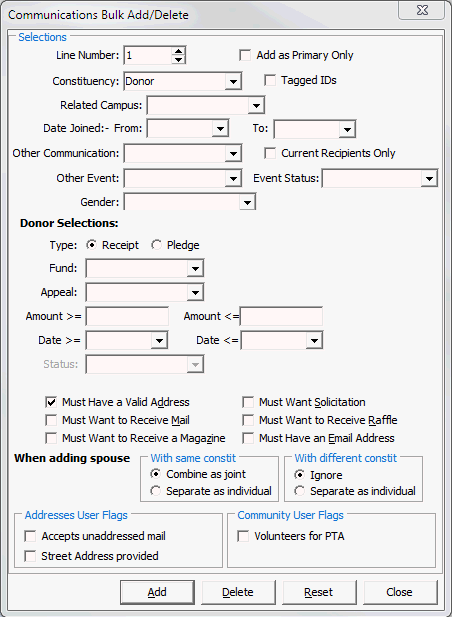 Communications Bulk Add/Delete window